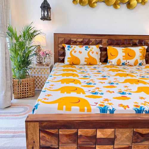 Divine - 100%  Cotton Double Bedsheet with 2 Pillow Covers - Elephant Yellow