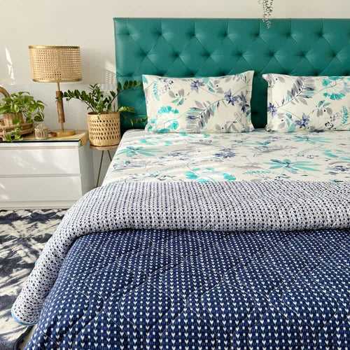 Cotton Bedsheet + AC Blanket Combo Pack - (Combo 19 - Floral feast Torquoise Blue and Grey + Tokyo)