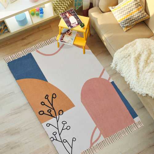 Boho Natural Cotton Area Rug/Dhurrie/Floor Carpet, Anti Skid Thick Printed Rugs for Living Room with Tassels - (CPRUGS_011)