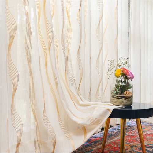 Linen Textured Metallic Gold Foil Sheer Curtains, Pack of 2 Curtains - Double Wave