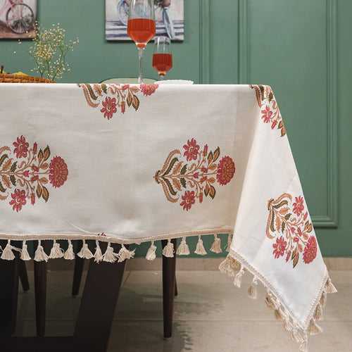 100% Cotton Dining Table Cover, Printed Cotton Table Cloth with Boho Tassels -Liberty Maroon