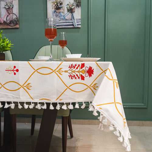 100% Cotton Dining Table Cover, Printed Cotton Table Cloth with Boho Tassels - Floral Ripples Red