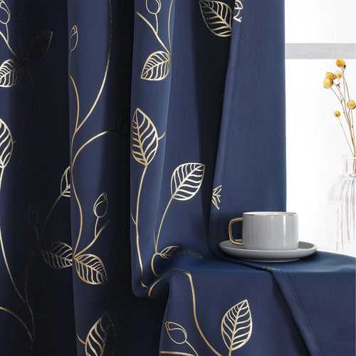 100% Blackout Curtains, Gold Foil Double Wave Printed Thermal Curtains Pack of 1 Curtain - Leaf