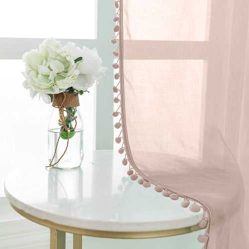 Sheer Curtain for Living Room with linen texture, Net Curtain for balcony, Pack of 2 Curtains -  Lavendar with pom pom