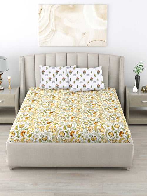 220 TC 100% Cotton Printed Bedsheet for Double Bed with 2 Pillow Covers ( Double / Single / King Size Bedsheet)  - Creeper Mustard
