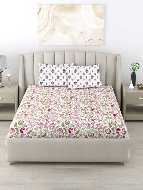 220 TC 100% Cotton Printed Bedsheet for Double Bed with 2 Pillow Covers ( Double / Single / King Size Bedsheet)  - Creeper Pink