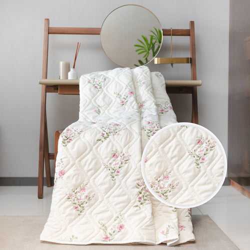 100 % Cotton AC Blankets, 3 layered Cotton Quilts & Dohar for Single / Double Bed - Amsterdam Valley Pink