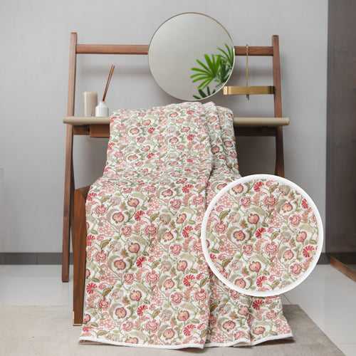 100 % Cotton AC Blankets, 3 layered Cotton Quilts & Dohar for Single / Double Bed - Bougainvillea Pink
