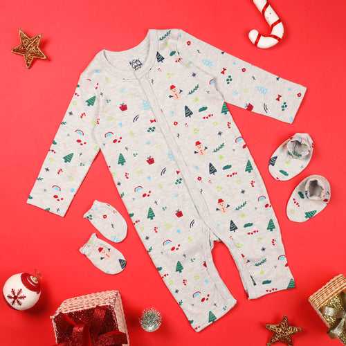 Christmas Cheer Romper, Mittens & Booties Set