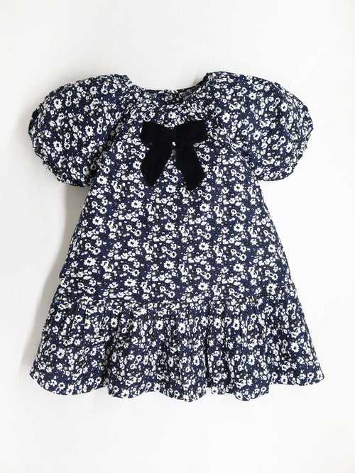 Girls Navy Blue & White Round Neck Cotton Dress