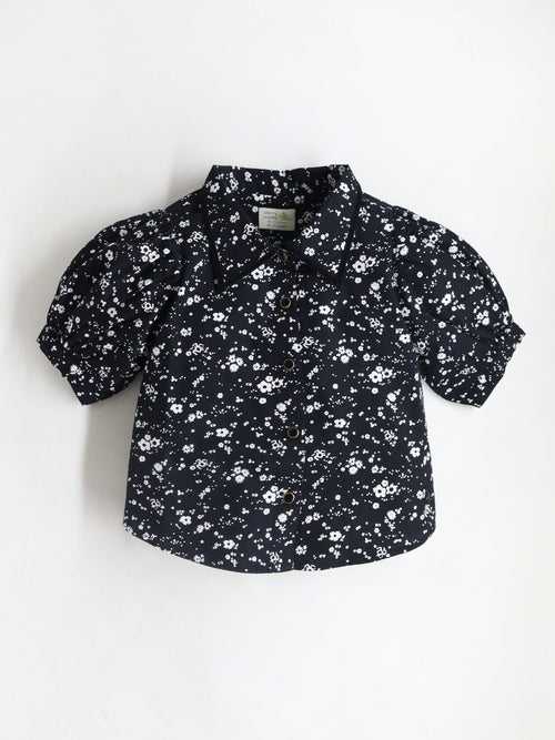 Cherry Crumble Black & White Dark Floral Prints Half Sleeve Collar Top