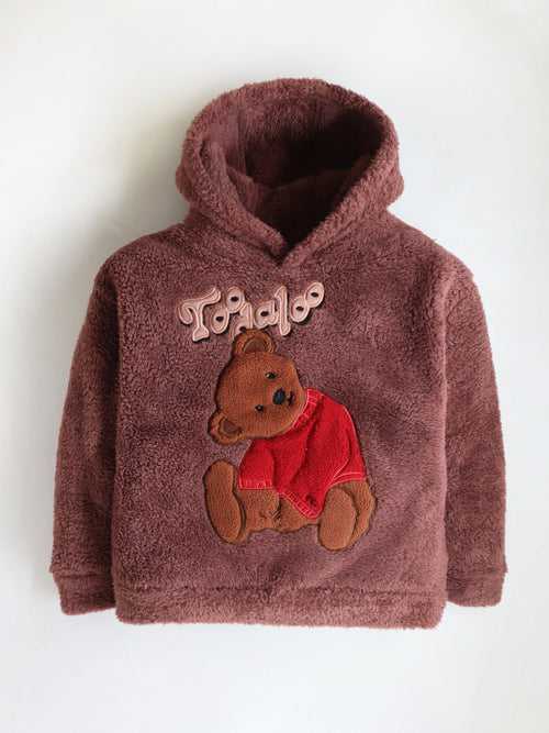 Unisex Solid Applique Wine Hooded Sweatshirt For Kids