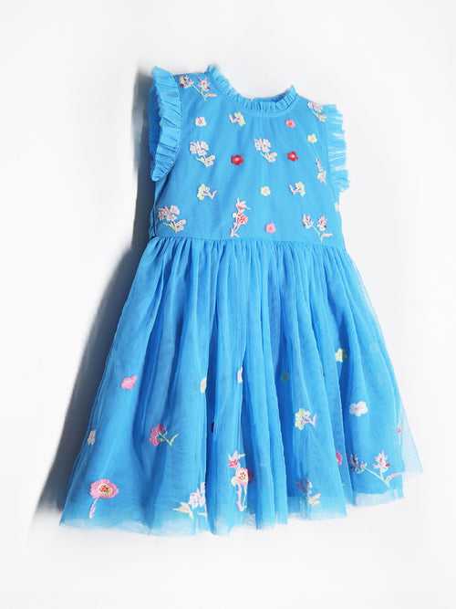 Cherry Crumble Cotton Blend Blue Round neck with Zipper Closure embroidered Fit & Dress Flare For Girls