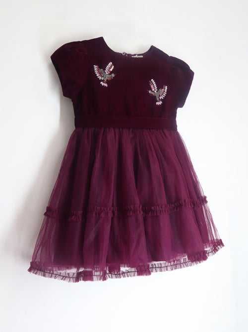 Wine Cotton Blend and  Short Sleeves with Zipper Closure Fit & Flared Embellished Partywear Dress For Girls