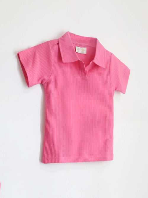 Smart Casual Pink Cotton Blend Half Sleeves with Shirt Collar Summer T-Shirt For Girls