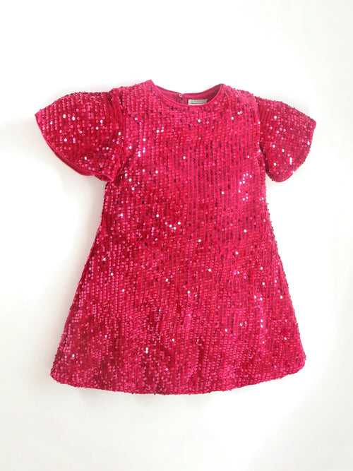 Party wear Grey Cotton Blend and Half Sleeves with Zipper Closure Fit & Flared Sequin Dress For Girls