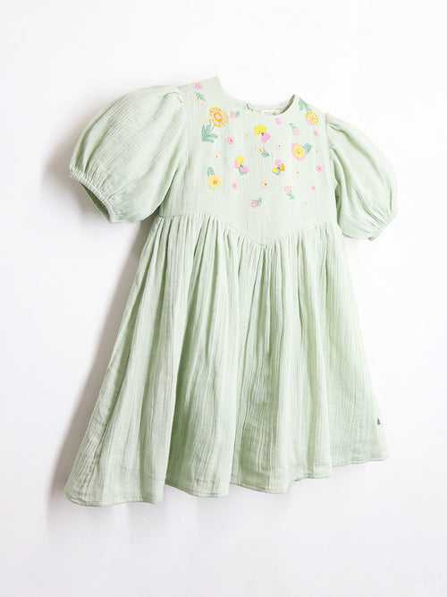 Cherry Crumble Cotton Green Round neck with Zipper Closure embroidered Fit & Dress Flare For Girls