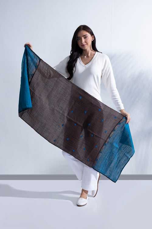Warp and Weft - Long Brown & Blue Silk Woolen Scarf