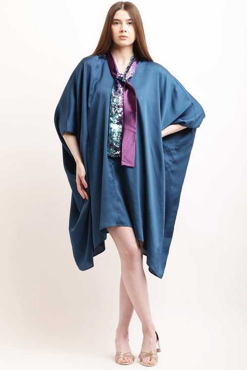 Blue Satin Kaftan With Sequence Sash