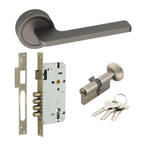 IPSA DOT On Rose Door Handle with Lock Body One Side Key & One Side Knob 70mm Cylinder- MAB