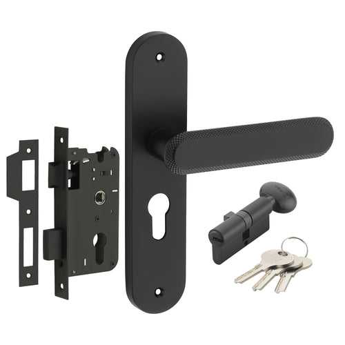 IPSA Stone Moderna Handle Series on 8" Plate CYS Lockset with 60mm One Side Key and Knob - Matte Antique Finish BLACK