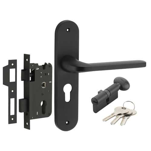 IPSA Olive Moderna Handle Series on 8" Plate CYS Lockset with 60mm One Side Key and Knob - Matte Antique Finish BLACK