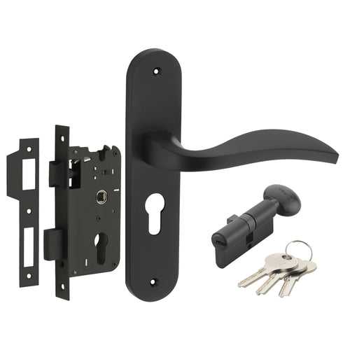 IPSA Scarlet Moderna Handle Series on 8" Plate CYS Lockset with 60mm One Side Key and Knob - Matte Antique Finish BLACK