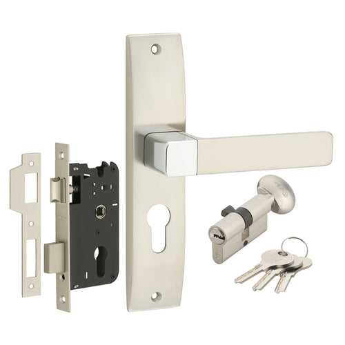 IPSA Ink Iris Handle Series on 8" Plate CYS Lockset with 60mm One Side Key and Knob - Matte Satin Nickel Finish CPS