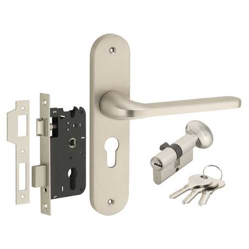 IPSA Olive Moderna Handle Series on 8" Plate CYS Lockset with 60mm One Side Key and Knob - Matte Satin Nickel Finish FSS