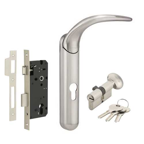 IPSA Olly Luxos Handle Series on 10" Plate CY Lockset with 80mm Cylinder One Side Key & Knob - Matte Satin Nickel Finish SS