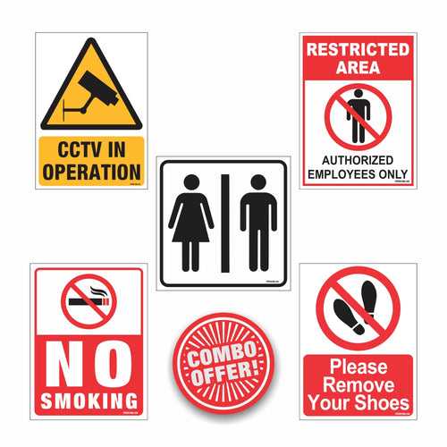 Office Sign combo 1 (No smoking, CCTV , Washroom , Toilet , Please remove shoes board
