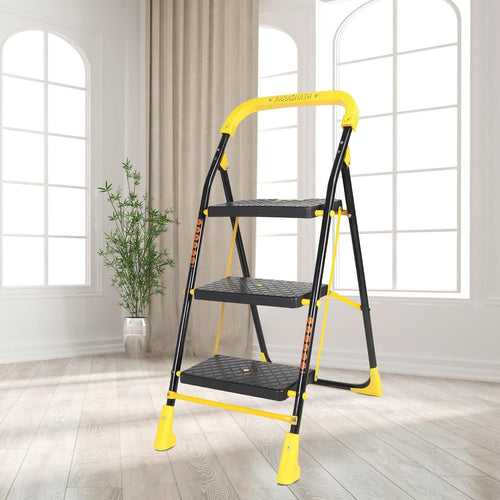 Parasnath 3 Step Yellow Diamond Mild Steel Foldable Ladder for Home - Wide Anti Skid Plastic Step Ladder for Extra Gripping (Yellow &amp; Black Colour) 3.3 FT Ladder - Made in India