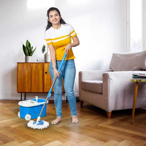 PARASNATH Bucker Square Blue Colour Spin Mop with Big Wheels and Stainless Steel Wringer, Bucket Floor Cleaning and Mopping System,2 Microfiber Refills