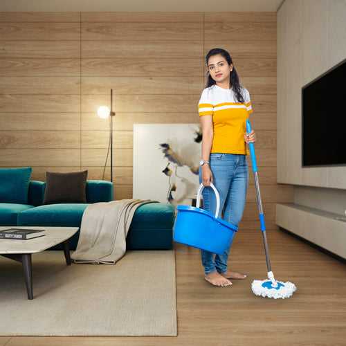 PARASNATH Bucker Oval Blue Colour Spin Mop with Big Wheels and Stainless Steel Wringer, Bucket Floor Cleaning and Mopping System,2 Microfiber Refills