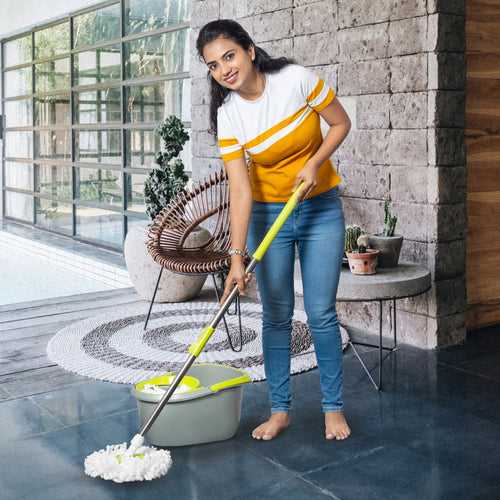 PARASNATH Bucker Oval Gray Lemon Colour Spin Mop with Big Wheels and Stainless Steel Wringer, Bucket Floor Cleaning and Mopping System,2 Microfiber Refills