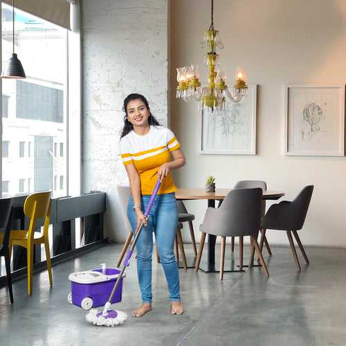 PARASNATH Bucker Square Purple Colour Spin Mop with Big Wheels and Stainless Steel Wringer, Bucket Floor Cleaning and Mopping System,2 Microfiber Refills