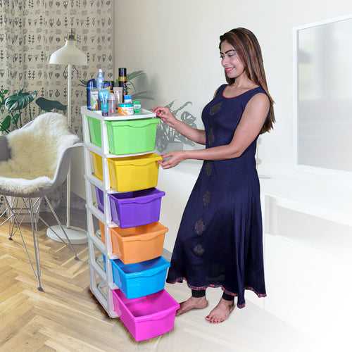 PARASNATH Boxo 6 Layer (Multicolour) Multi-Purpose Modular Drawer Storage System for Home and Office with Trolley Wheels and Anti-Slip Shoes