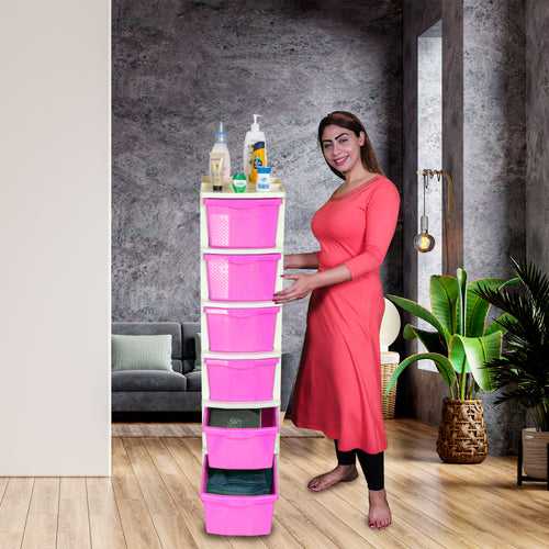 PARASNATH Boxo 6 Layer (Pink) Multi-Purpose Modular Drawer Storage System for Home and Office with Trolley Wheels and Anti-Slip Shoes