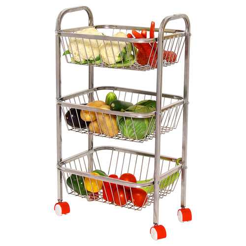Parasnath Mirror Finish 3 Shelf Square Vegetable and Fruit Trolley, 3 Stand- 28 inch
