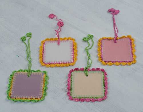 Square Tags with Silk Crochet Trimmings (Set of 4)