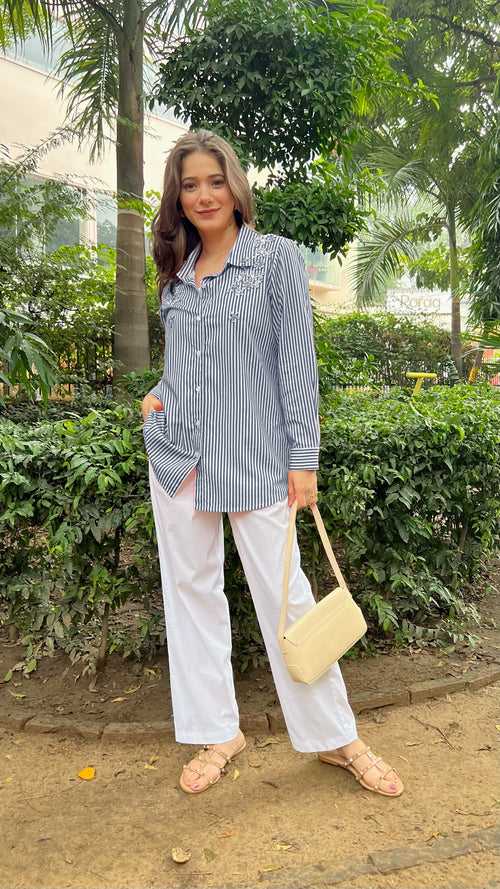 Navy Blue Stripe Embellished Shirt