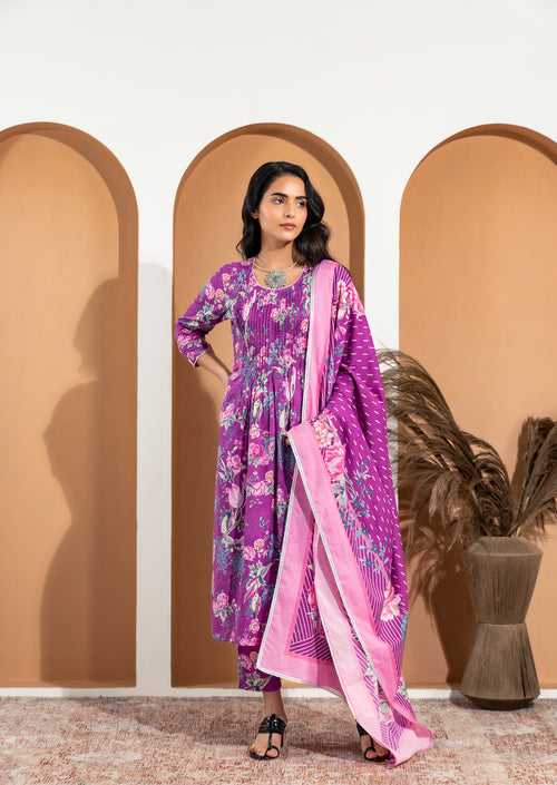 Anisha Purple Suit Set with pintucks in front