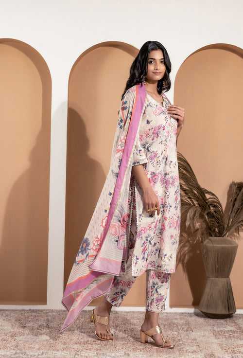 Anisha Beige Suit Set with Lace