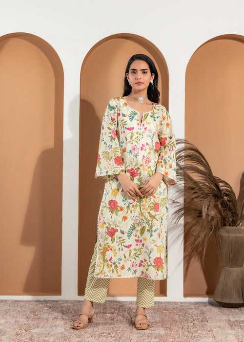 Kriti Cream Green Kurta Set with Lace & Bell Sleeve