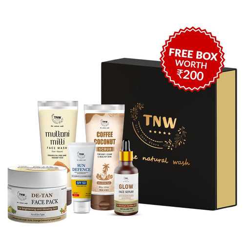 Anti - Tanning Hamper (DE-Tan face pack, Multani Mitti face Wash, Sun defence SPF50, Coffee Coconut Scrub, Glow face Serum + Get a FREE Gift Box)