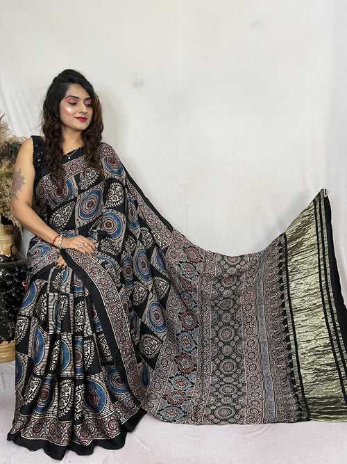 Cloudy Grey and Black Ajrakh Modal Handblock Printed Silk Saree