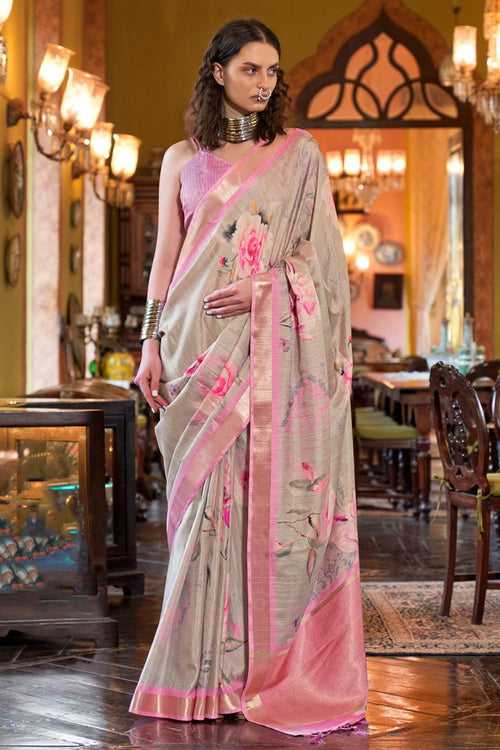 Sea Pink Banarasi Floral Printed Saree