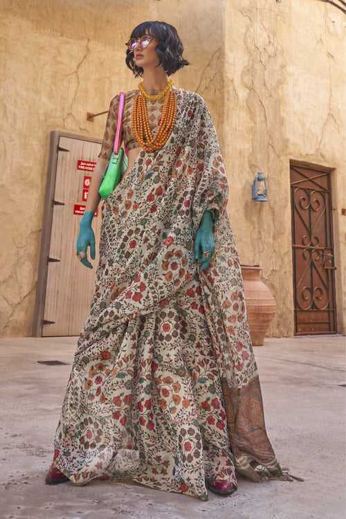 Russett Grey Tissue Handloom Printed Saree