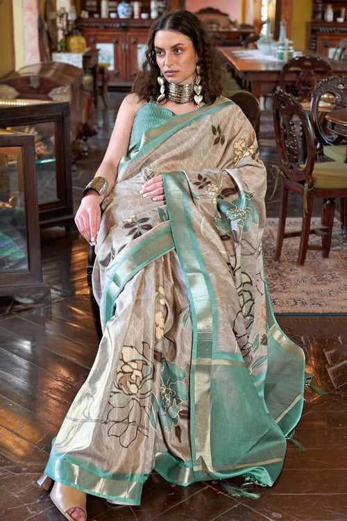 Silver Rust Grey and Green Banarasi Floral Printed Saree