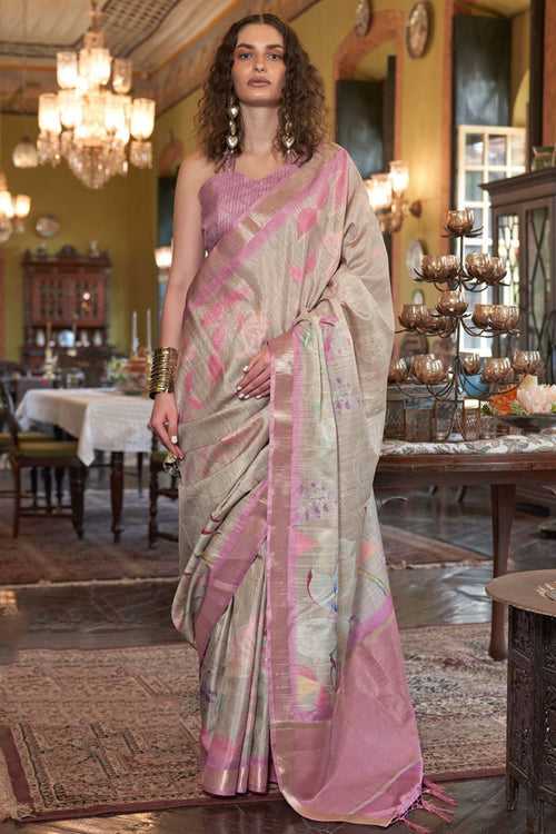 Pink Pearl Banarasi Floral Printed Saree